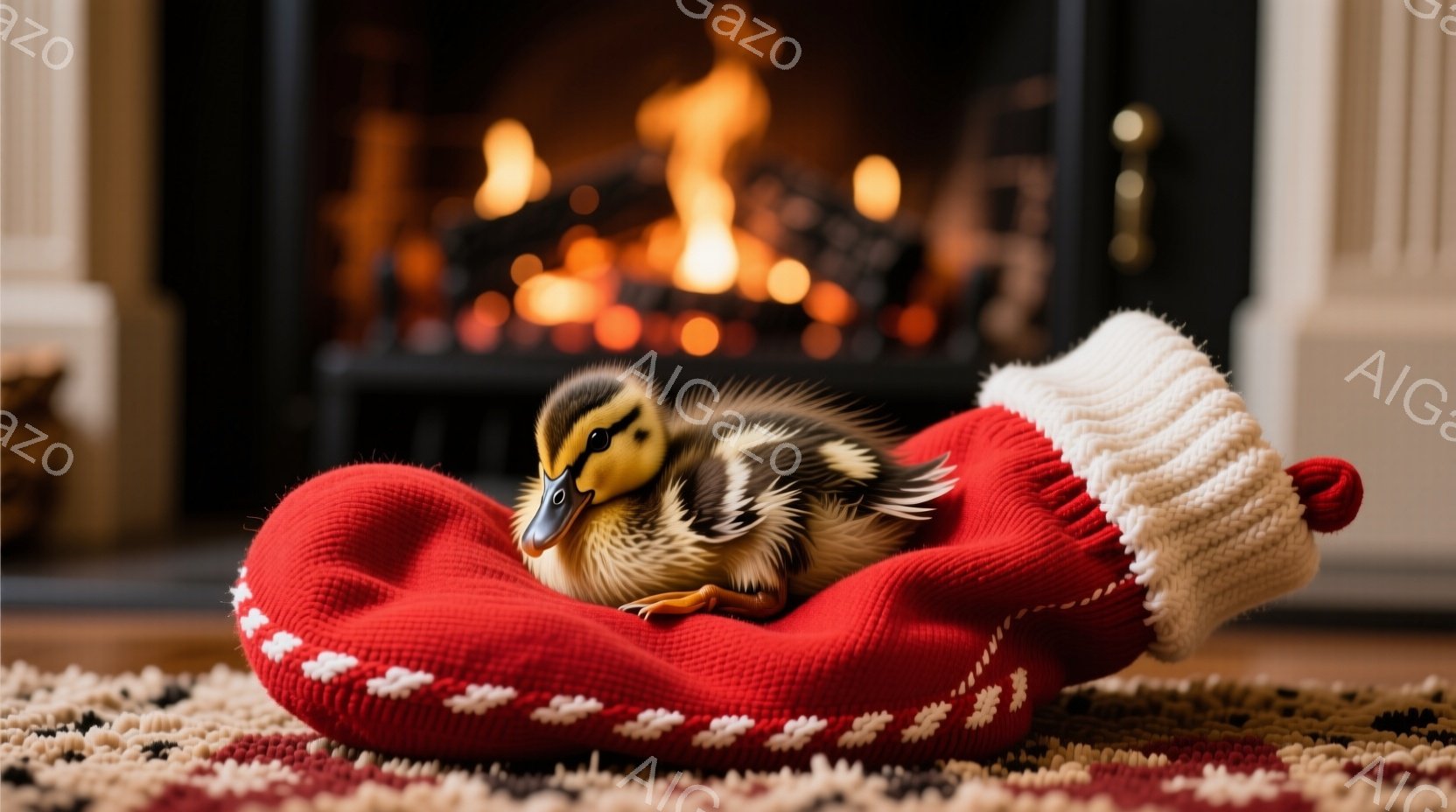 小さなアヒルの雛が、真っ赤なクリスマスストッキングの中に丸まって眠っています。ストッキングは白いフリルで飾られ、柔らかい毛糸で編まれています。背景には暖炉があり、炎が燃え盛る様子が暖かく、ほっとする雰囲気を作り出しています。