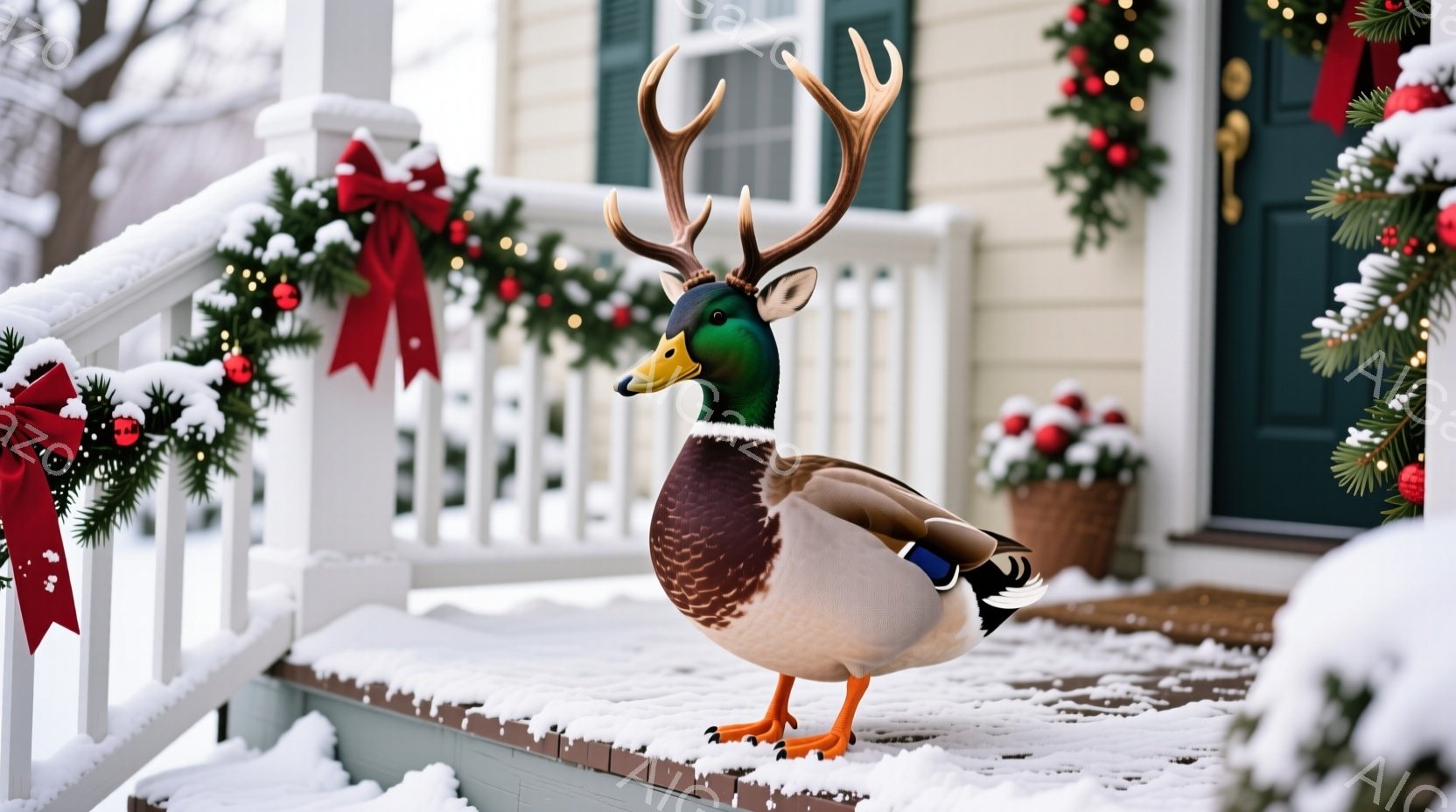 白い雪が積もった家のポーチに、角を持つアヒルが立っている。アヒルは茶色と白の羽毛を持ち、鮮やかな青い翼を持っている。背景にはクリスマス装飾のついた玄関があり、全体的に遊び心のある、陽気な冬の雰囲気である。