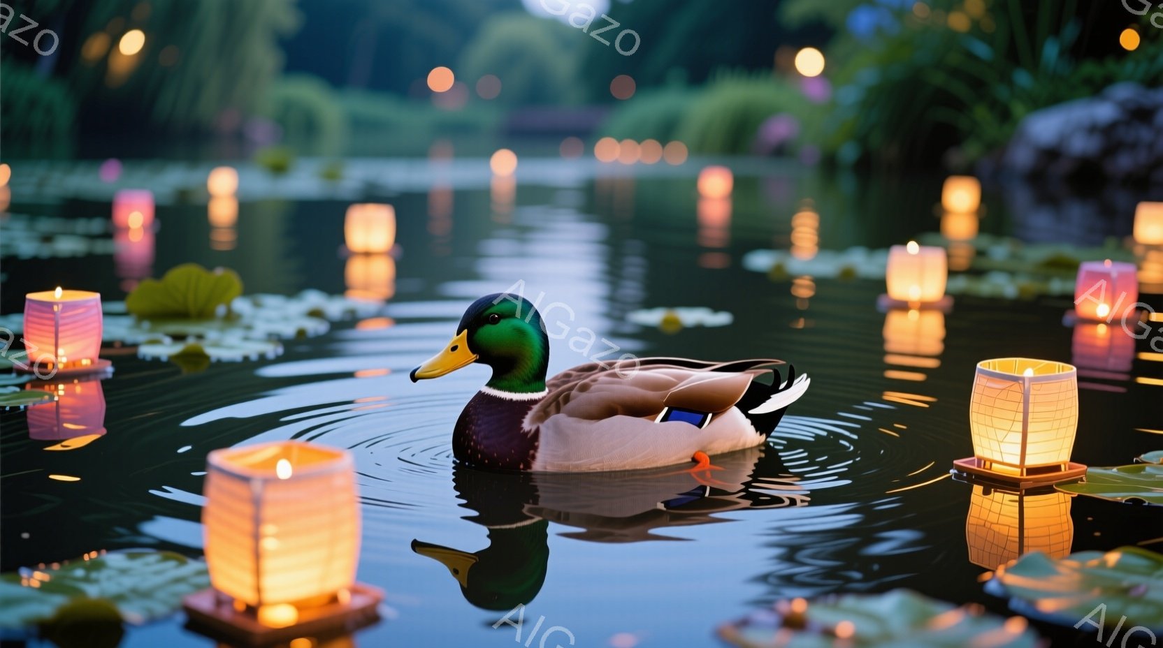 深緑色の水面に、雄のマガモが悠々と泳いでいる。周囲には水面に浮かぶ提灯が灯り、幻想的な雰囲気を醸し出している。背景には緑豊かな植物が見え、夜空にはぼんやりとした光が差し込み、静かで穏やかな情景が広がっ - AI生成フリー素材