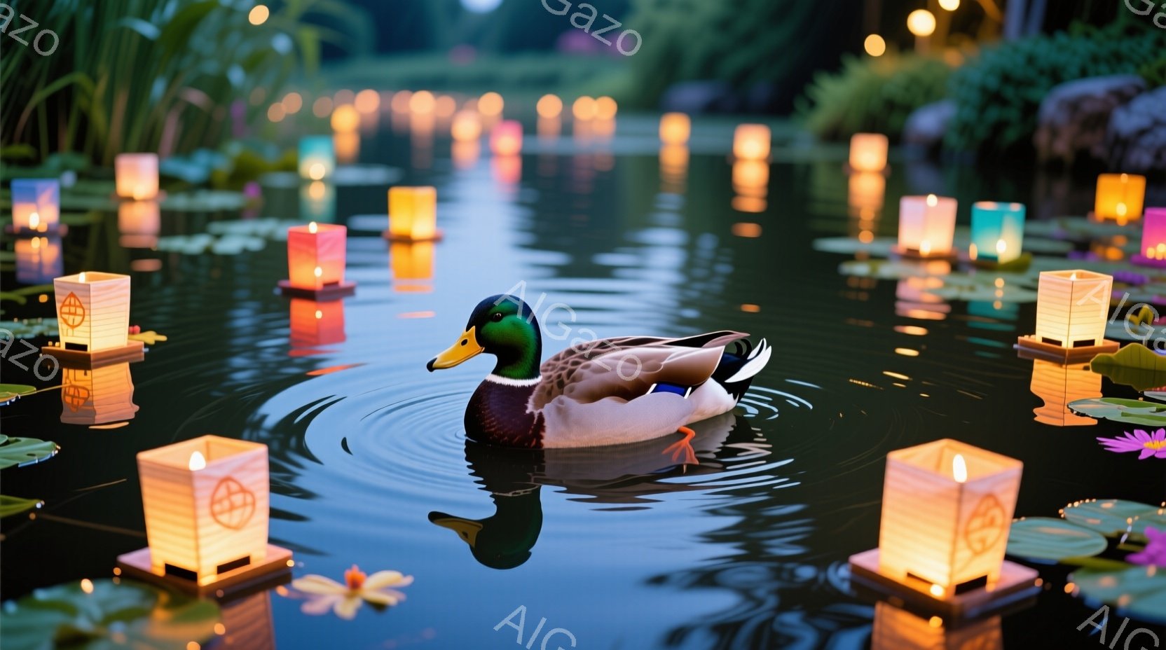 深い緑色の水面には、たくさんの提灯が浮かび、幻想的な光景を作り出しています。アヒルが一羽、静かに水面を泳ぎ、その姿は提灯の光に照らされ、穏やかな雰囲気を醸し出しています。背景には水生植物や緑豊かな草木が見え、夜の静けさの中で、自然と光が調和した美しい情景です。