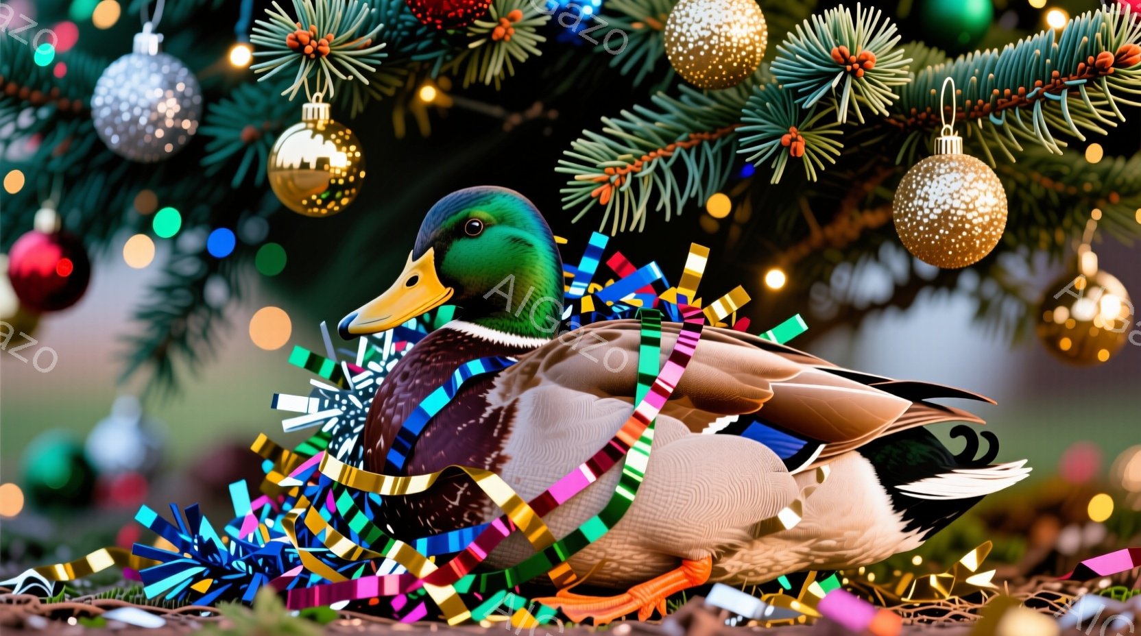 鮮やかなクリスマスツリーの前で、アヒルがカラフルな紙吹雪に囲まれています。アヒルは落ち着いた表情で、羽を丸めてリラックスした姿勢を見せています。背景にはぼやけたクリスマスツリーの飾りと光が散りばめられ - AI生成フリー素材