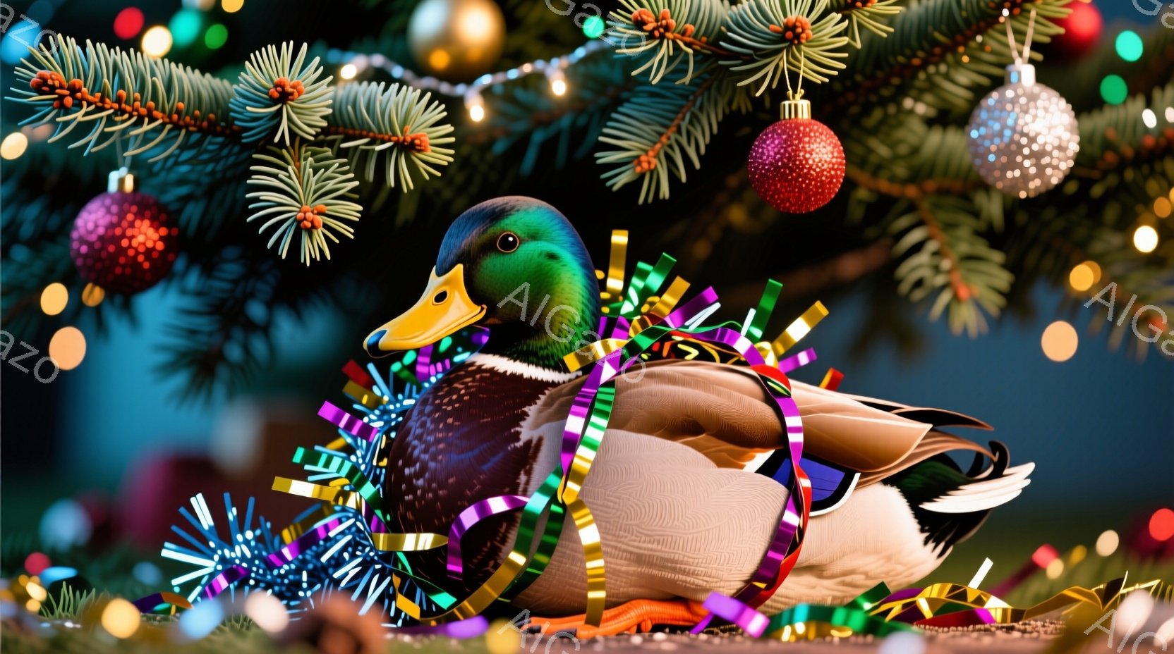 鮮やかなクリスマスツリーを背景に、雄のマガモがカラフルなリボンを首に巻いて座っています。マガモは落ち着いた表情で、羽をふっくらと広げてリラックスした様子です。背景には、光り輝く電飾と様々な装飾が施され - AI生成フリー素材