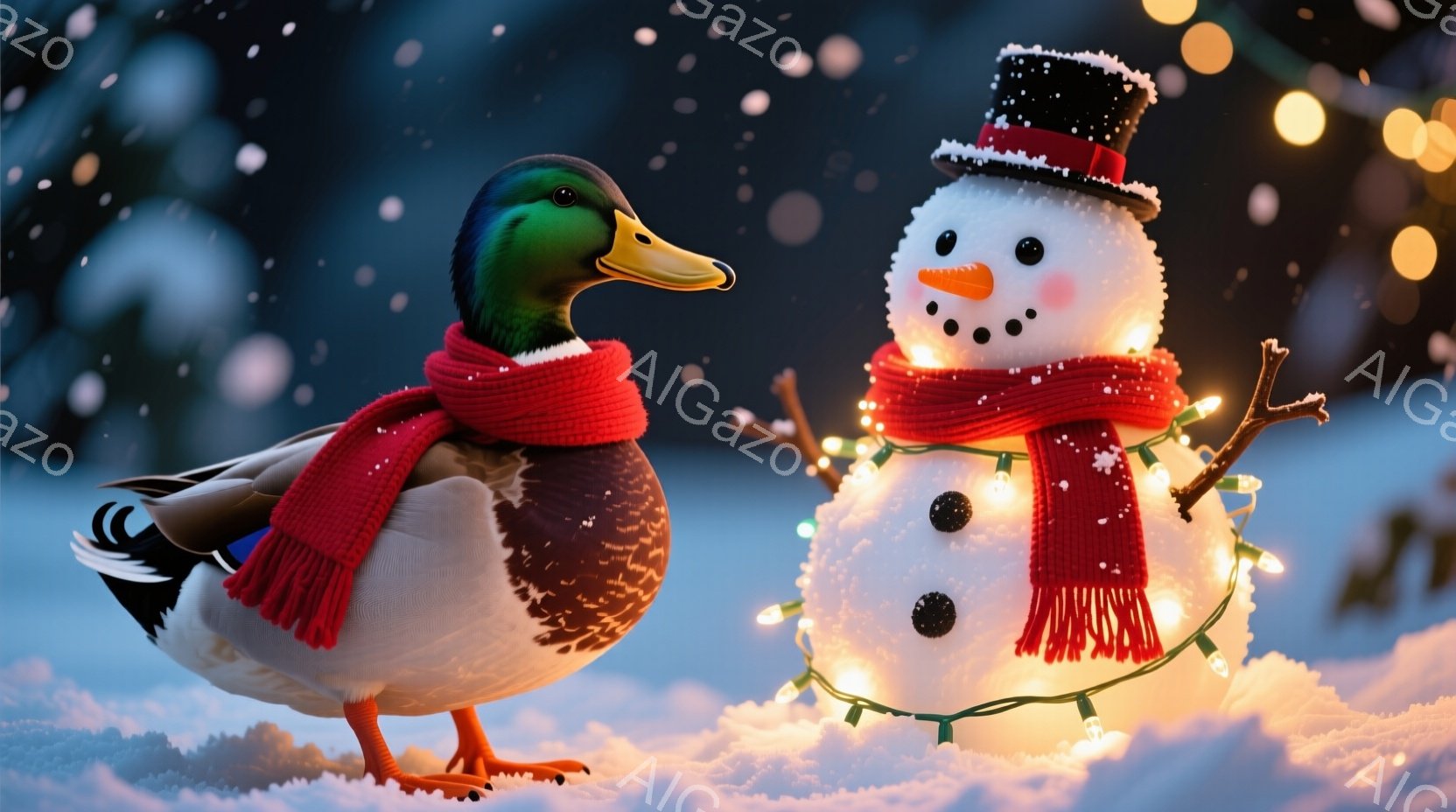 白い雪景色の中に、赤いマフラーを巻いたアヒルと、電飾で飾られた雪だるumaが並んでいます。アヒルは片足を上げて立ち、雪だるumaは枝の腕を広げた愛らしい姿です。背景には暗い木々があり、雪が舞い散る冬の - AI生成フリー素材