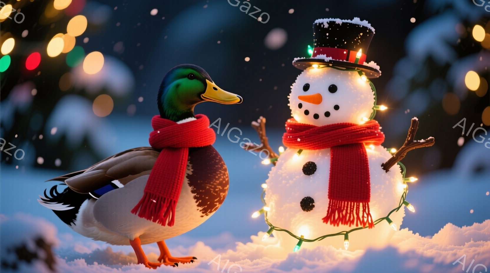 白い雪景色の中に、赤いマフラーを巻いたアヒルと雪だるまが立っている。雪だるまは黒い帽子をかぶり、オレンジ色の鼻と炭で描かれた笑顔が特徴的で、体にはキラキラと輝く電飾が巻き付けられている。背景にはぼんやりと木々が見え、暖かく幻想的な冬の雰囲気が漂っている。