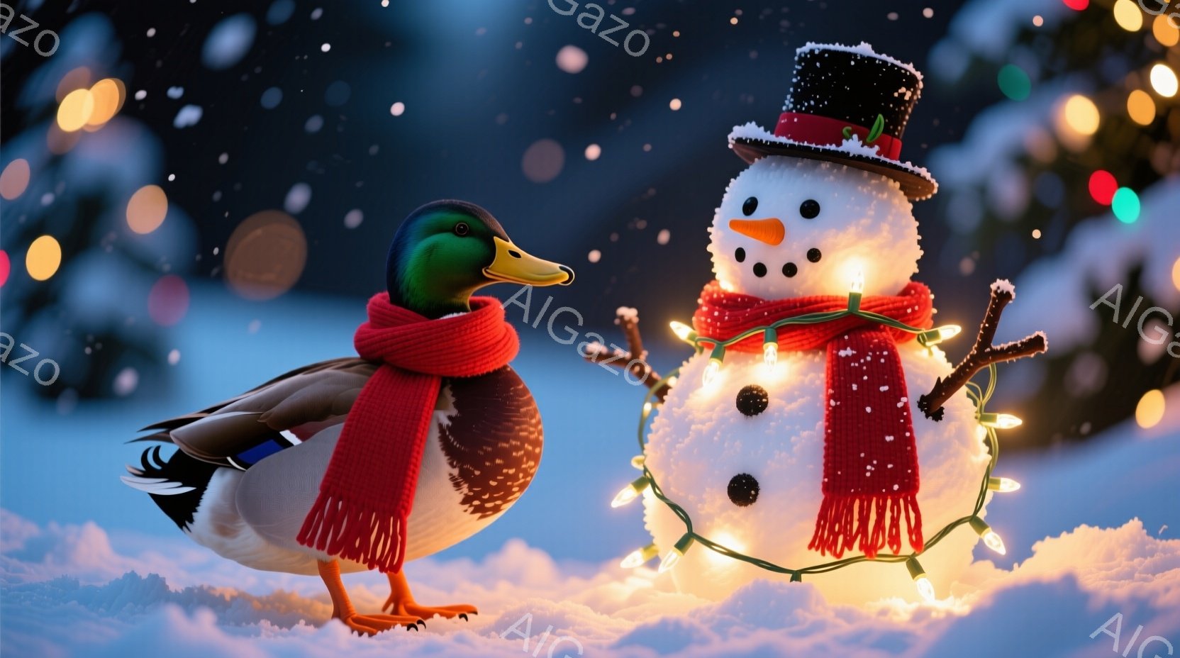 アヒルは赤いマフラーを巻き、雪の上に堂々と立っている。雪だるまは、頭にシルクハットをかぶり、赤いマフラーと枝で作られた腕を持ち、暖かい光のイルミネーションで飾られている。背景にはぼやけた木々と、キラキ - AI生成フリー素材