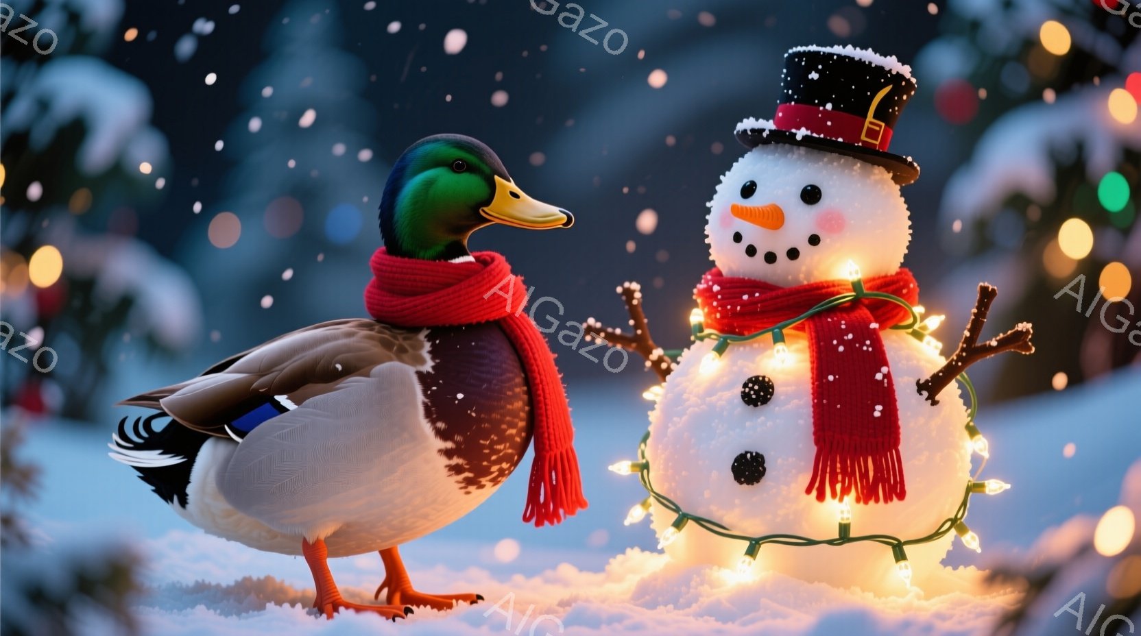 白い雪景色の中に、赤いマフラーを巻いたアヒルと、電飾で飾られた雪だるumaが立っています。雪だるまは黒い帽子を被り、にんじんの鼻と炭で作られた目と口を持っています。背景にはぼやけたクリスマスツリーが見 - AI生成フリー素材