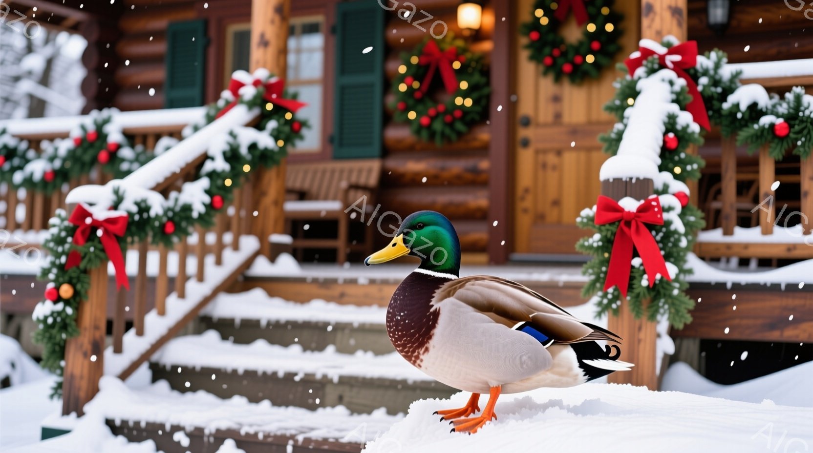 雪に覆われた家の前に、鮮やかな緑頭の鴨が立っている。鴨はオレンジ色の足で雪の上に立ち、正面をまっすぐ見つめ、落ち着いた表情をしている。背景には、クリスマスリースが飾られた木造の家があり、雪が舞い散る冬 - AI生成フリー素材