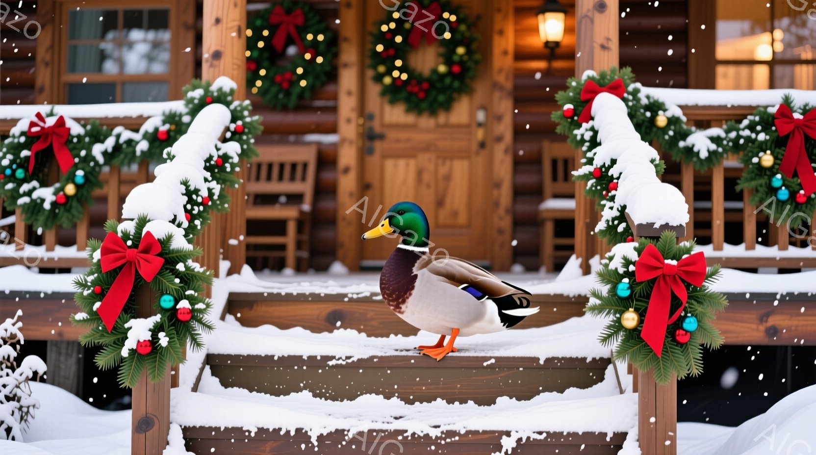 雪が降る木製の家の階段に、鮮やかな色の雄鴨が立っている。背景には、赤いリボンと飾りで飾られたクリスマスリースが飾られ、冬の温かく祝祭的な雰囲気が漂っている。鴨は落ち着いた様子で、鮮やかなオレンジ色の足 - AI生成フリー素材