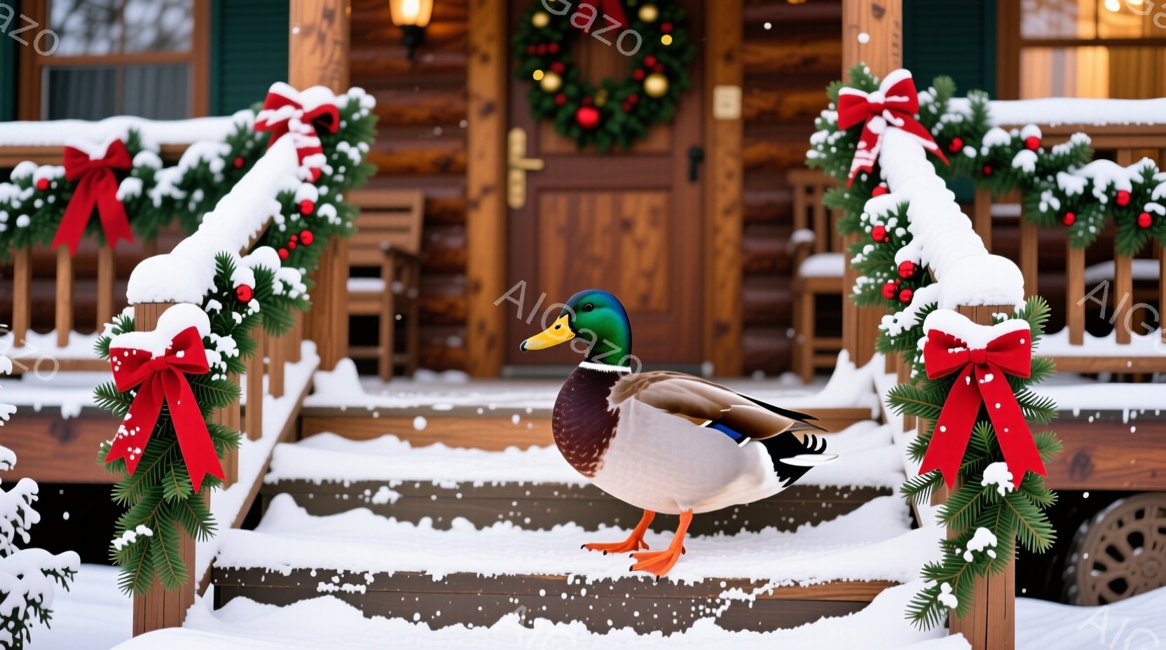 雪が降る中で、鮮やかな緑色の頭を持つ雄のアヒルが、クリスマスデコレーションが施された家の階段に立っている。階段の両側には、赤いリボンと赤い実のついたクリスマスツリーの飾り付けがあり、背景には木造の家と雪景色が広がり、温かく、お祝いの雰囲気を醸し出している。アヒルの姿勢は堂々としており、まるでクリスマスの光景の一部であるかのように見える。