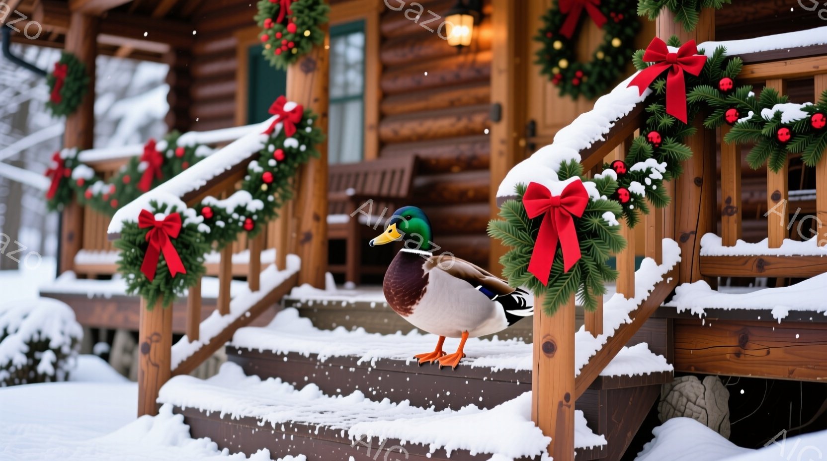 雪に覆われた階段に、鮮やかな緑色の頭を持つ雄のアヒルが立っている。背景にはクリスマスリースが飾られた木造の建物があり、雪が降り積もる冬の風景が広がっている。アヒルは落ち着いた様子で、穏やかで静謐な雰囲気を醸し出している。