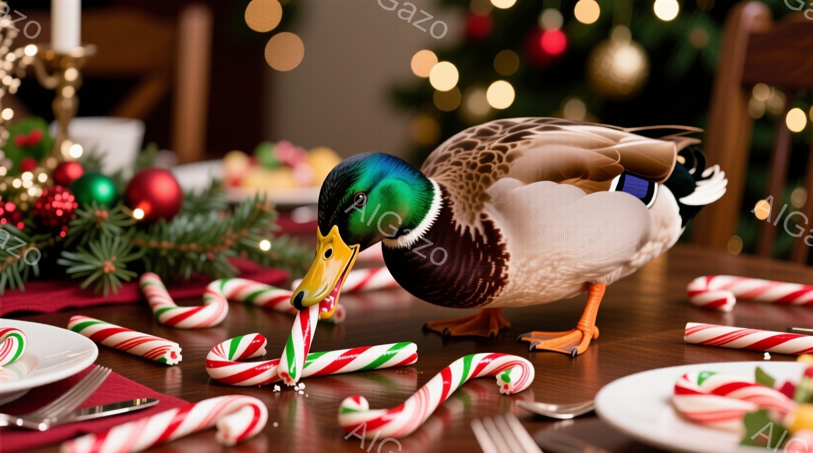 クリスマスツリーを背景に、テーブルの上でキャンディケーンをくわえたアヒルが写っています。アヒルはオレンジ色の足でテーブルに立ち、緑と赤のストライプのキャンディケーンをいくつか口にくわえ、まるで楽しんで - AI生成フリー素材
