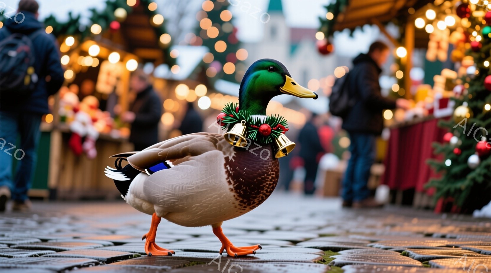 クリスマスマーケットのような賑やかな背景に、首に赤いリボンとベルが付いた装飾をつけたアヒルが立っている。アヒルは少しこちらを見ており、自信に満ちた姿勢で立っている。背景には、ぼやけた人々やカラフルな装 - AI生成フリー素材
