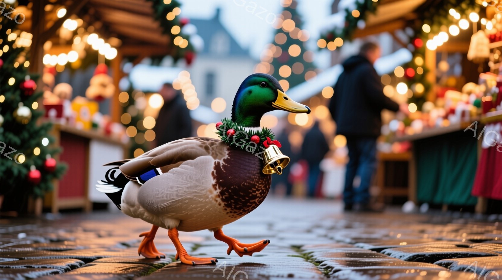 舗装された道の上を歩くアヒルの写真です。アヒルはクリスマス風の首輪と小さな鐘を身につけており、少しユーモラスな印象を与えます。背景にはぼやけたクリスマスマーケットが見え、キラキラと輝くライトと人々の姿があり、冬の祝祭の暖かく賑やかな雰囲気が漂っています。