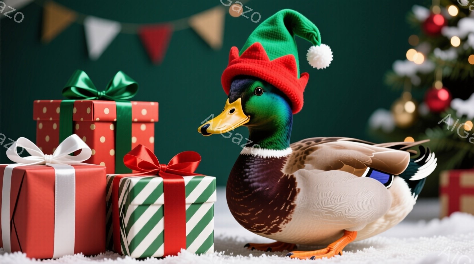 緑と赤の包装紙で包まれたプレゼントの箱がいくつか並び、その前にアヒルの鳥が立っています。アヒルは赤いサンタ帽をかぶっており、少し横を向いて、穏やかな表情をしています。背景にはクリスマスツリーが飾られ、 - AI生成フリー素材
