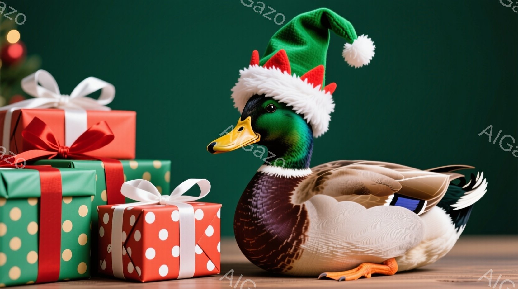 深緑色の背景に、プレゼントボックスがいくつか置かれた木製のテーブルの上に、アヒルが座っています。アヒルはクリスマスらしい緑と赤の帽子を被っており、オレンジ色のくちばしと黒い目をしており、穏やかな表情を - AI生成フリー素材