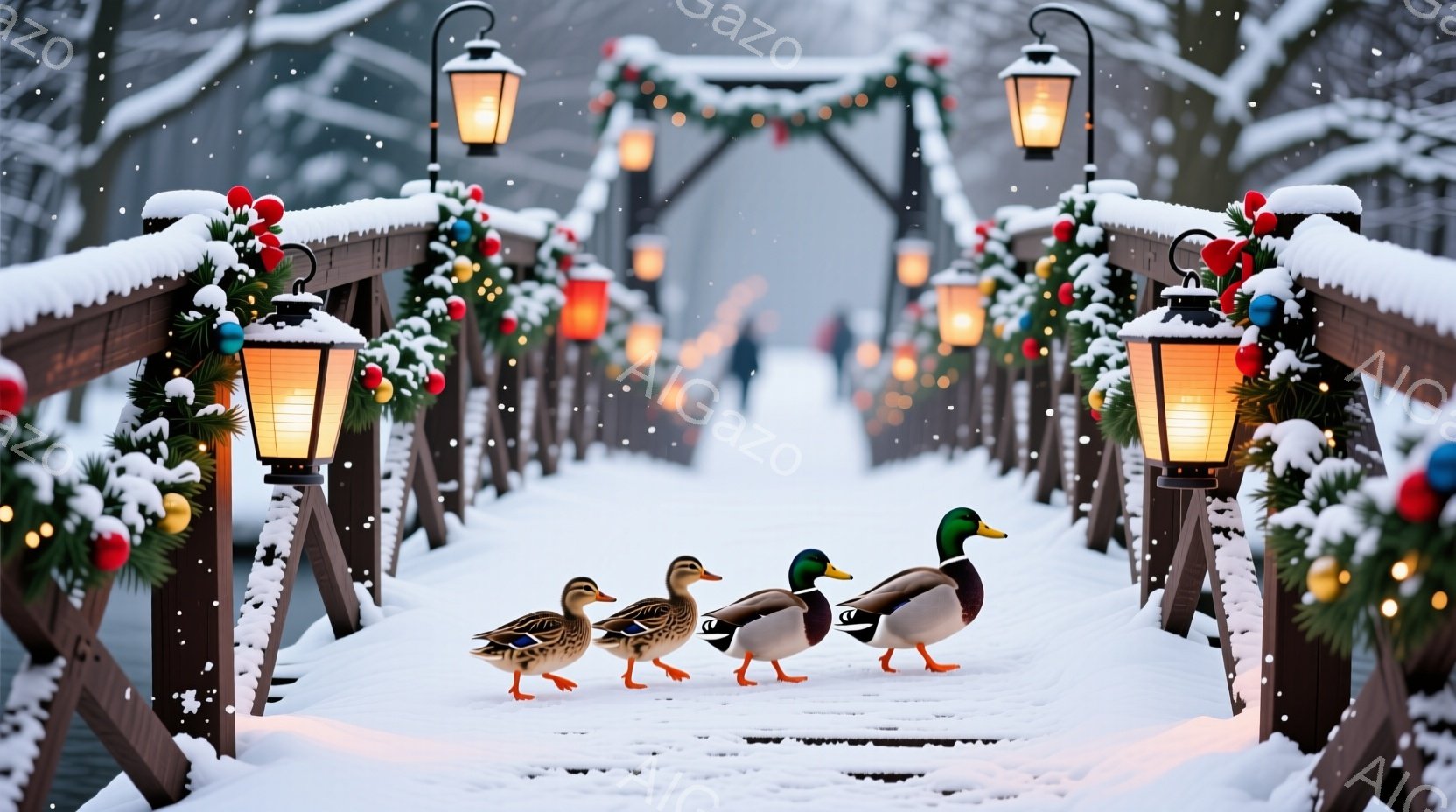 雪に覆われた木製の橋の上を、アヒルが隊列をなして歩いている。橋はクリスマス装飾で飾られ、赤い実や緑の葉っぱ、点灯されたランタンが冬の風景に温かさと輝きを添えている。遠景には雪が舞う中、ぼんやりと人影が - AI生成フリー素材