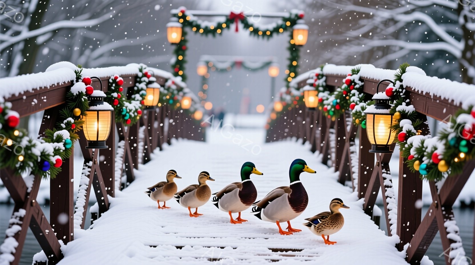 雪が降り積もる冬の風景で、飾り付けられた橋の上をアヒルたちが一列に歩いている。橋にはクリスマス装飾が施され、暖かい光を放つランタンが並んでいる。背景は雪景色で、遠くにはぼんやりと人影が見え、静かで穏や - AI生成フリー素材