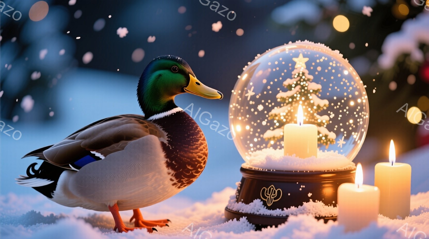 鮮やかな緑色の頭を持つマガモが雪の上に立っており、背景には雪の降る夜に光るクリスマスツリーが入ったスノーグローブと、灯された白いキャンドルが並んでいます。マガモは横向きの姿勢で、警戒しているか、何かを - AI生成フリー素材
