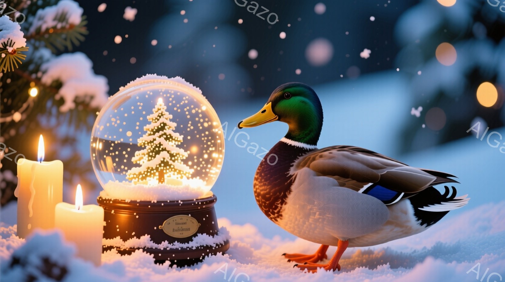 雪が舞う冬の風景の中に、クリスマスのオーナメントとアヒルが並んでいます。透明な球体の中には小さなクリスマスツリーが雪景色とともに飾られ、その隣には点灯したキャンドルが温かい光を灯しています。アヒルは雪 - AI生成フリー素材