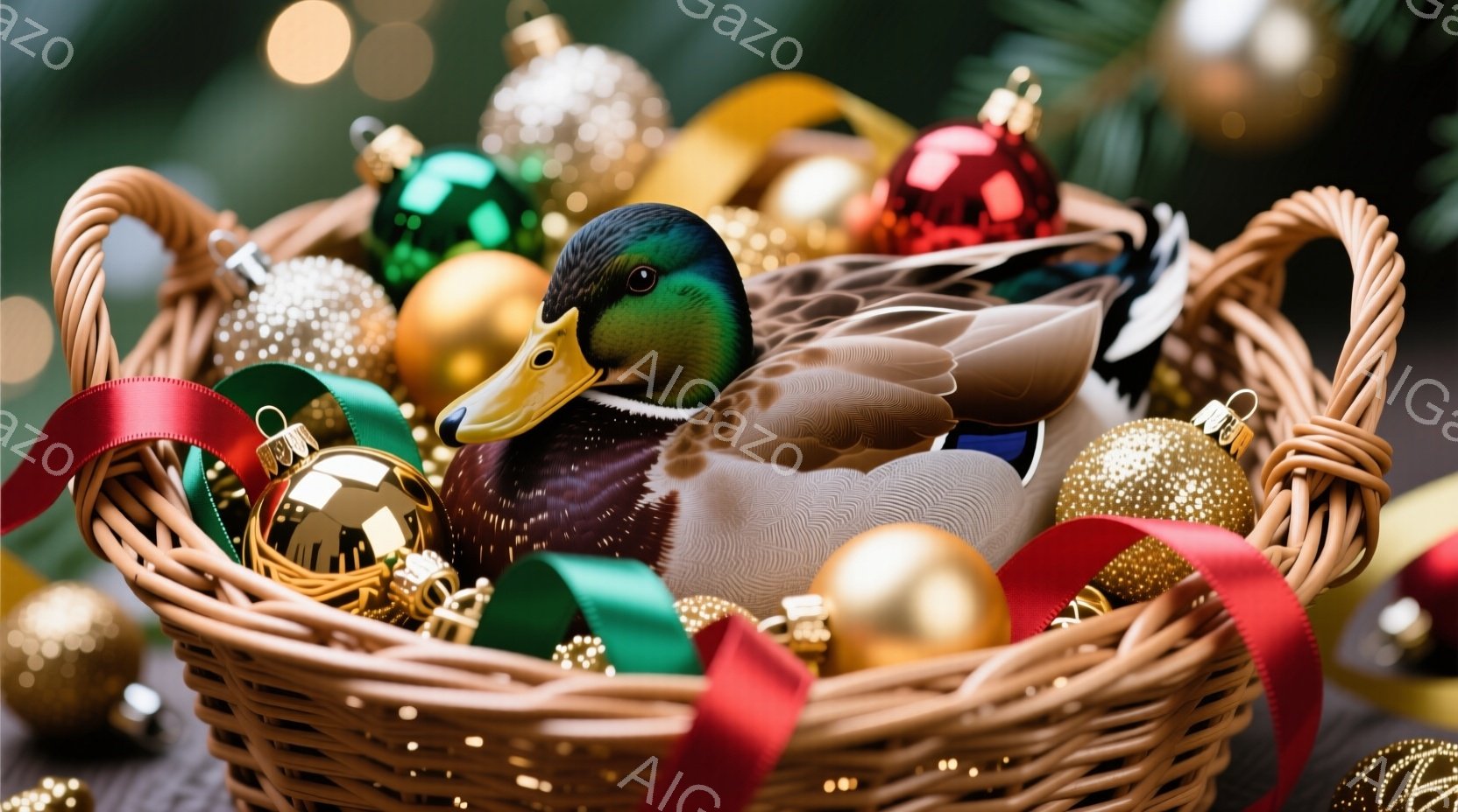 籠の中にアヒルが横たわっており、周りには赤、緑、金色のクリスマスオーナメントが散りばめられています。アヒルの表情は穏やかで、羽は鮮やかな緑と茶色のグラデーションで美しく、リラックスした様子が伺えます。 - AI生成フリー素材