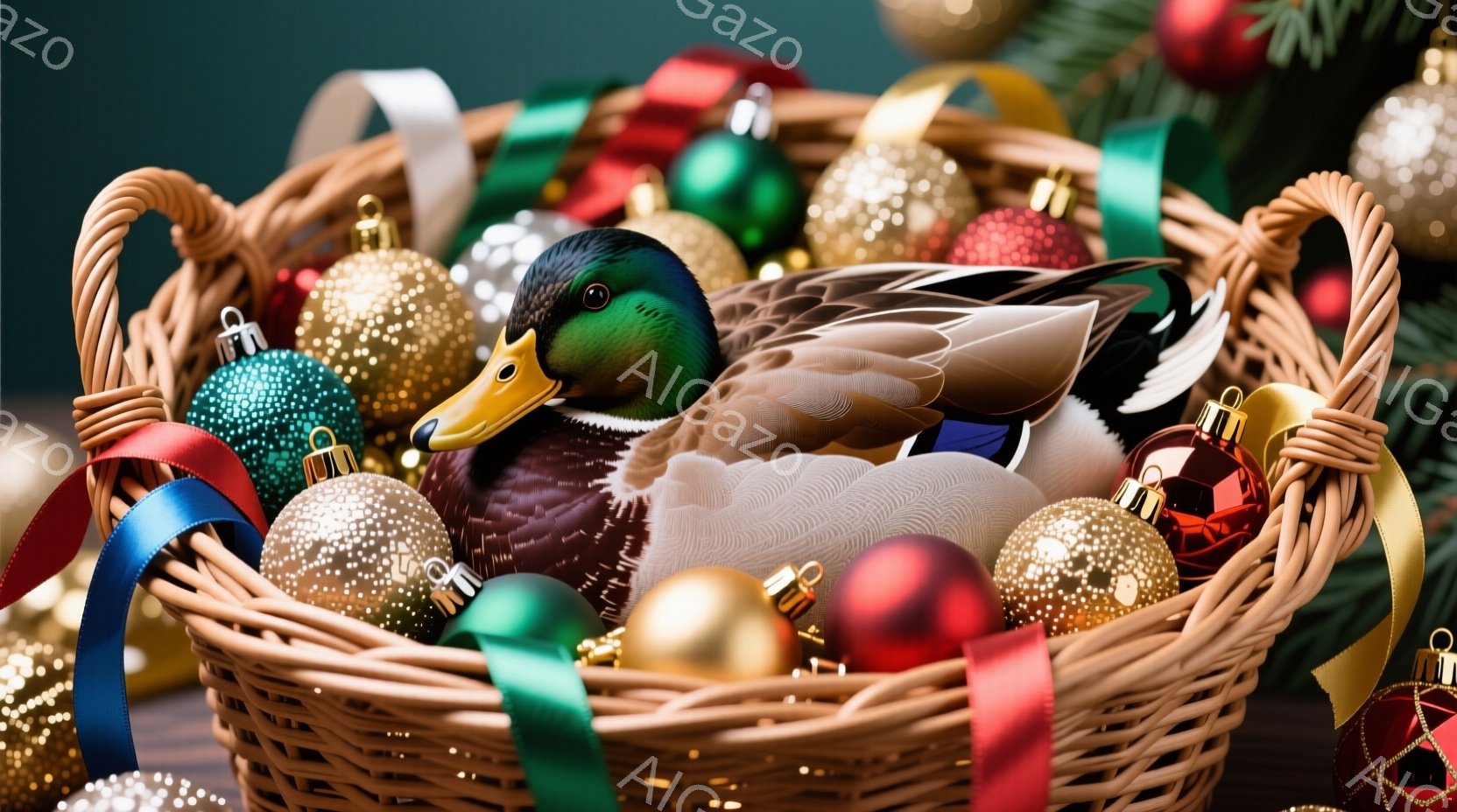 籠の中に鴨が丸まって眠っている様子が描かれています。籠はクリスマスオーナメントやリボンで飾られており、背景には緑色のクリスマスツリーの一部が見えます。全体的に暖かく、お祝いムードを醸し出す、遊び心のあ - AI生成フリー素材