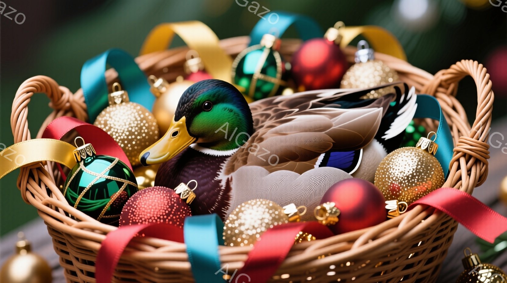 籠の中に、緑、赤、金色のクリスマスオーナメントが散りばめられ、その中に美しいアヒルが丸まって眠っています。アヒルの羽は茶色と緑が混ざり合い、鮮やかなオーナメントと対照的で、落ち着いた温かい雰囲気を醸し出しています。籠は手編みのようで、背景はぼやけていますが、クリスマスらしい装飾が施されているようです。