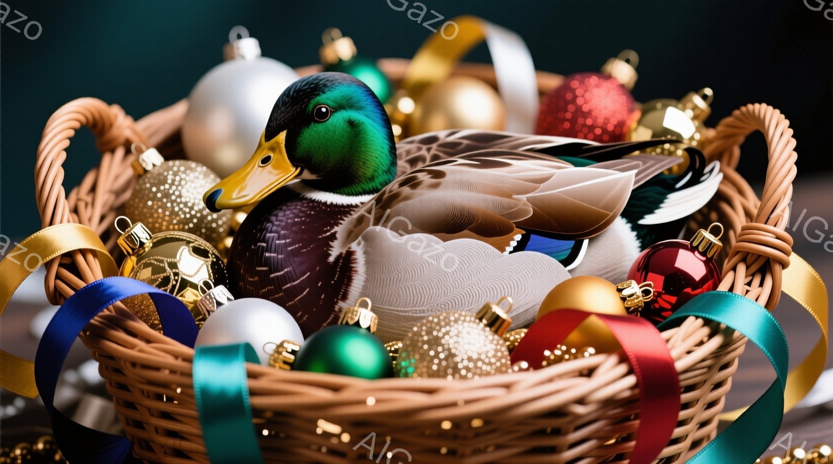籠の中にアヒルが丸まって座っており、周りにはクリスマスオーナメントやリボンが散りばめられています。アヒルの羽は鮮やかな緑色と茶色のコントラストが美しく、リラックスした様子が伺えます。背景は暗く、オーナ - AI生成フリー素材