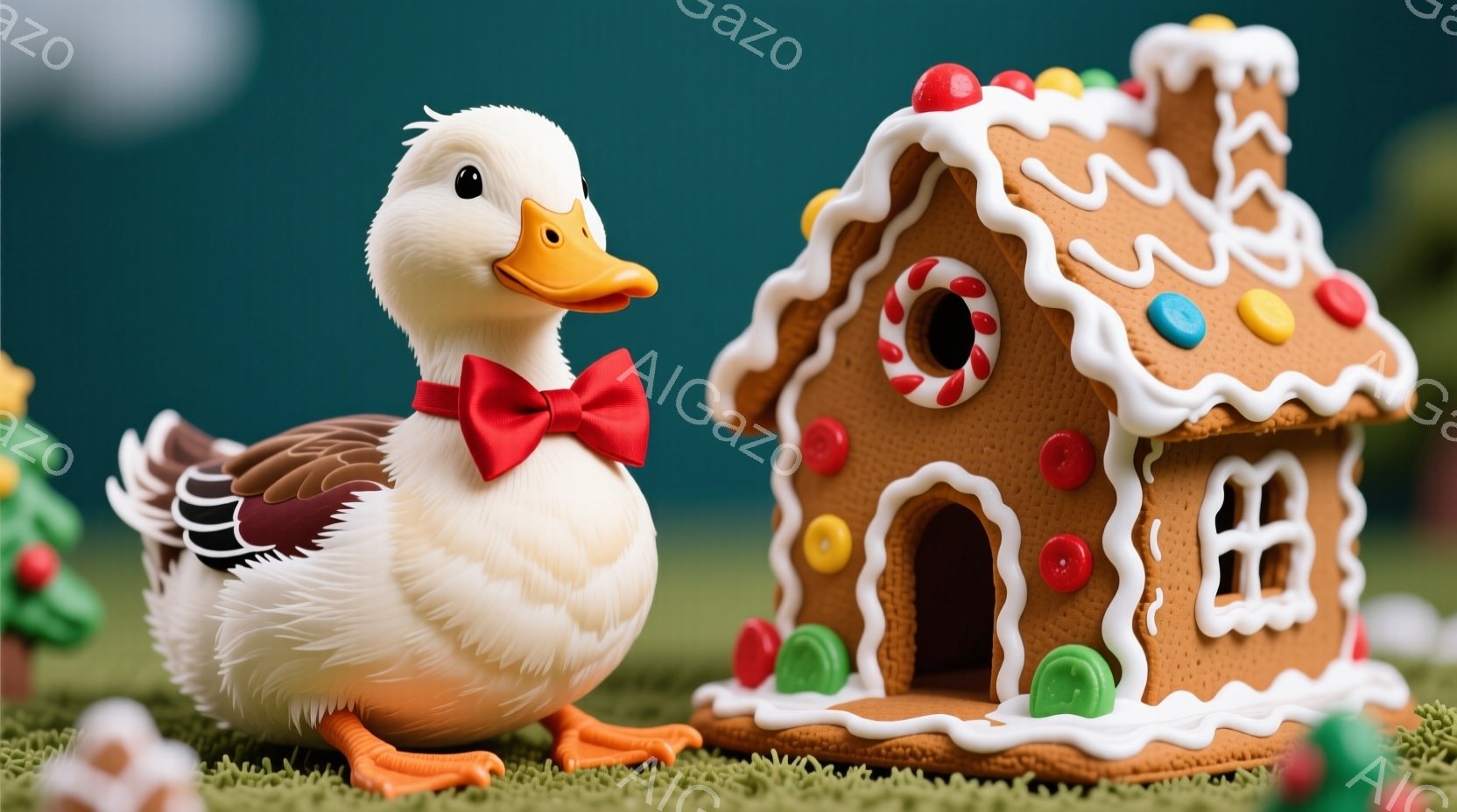 白いアヒルが赤い蝶ネクタイを身につけ、少し誇らしげに立っています。背景には緑色の芝生と、カラフルなキャンディーで飾られたジンジャーブレッドハウスがあり、クリスマスを連想させる温かく遊び心のある雰囲気を - AI生成フリー素材