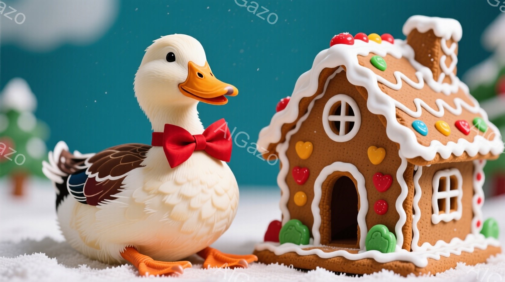白いアヒルが赤い蝶ネクタイをつけ、雪の上に立っている。背景にはジンジャーブレッドハウスと、ぼやけた緑色のクリスマスツリーがいくつか見え、雪が降っているように見える。全体的に、暖かく、お祝いの雰囲気で、 - AI生成フリー素材