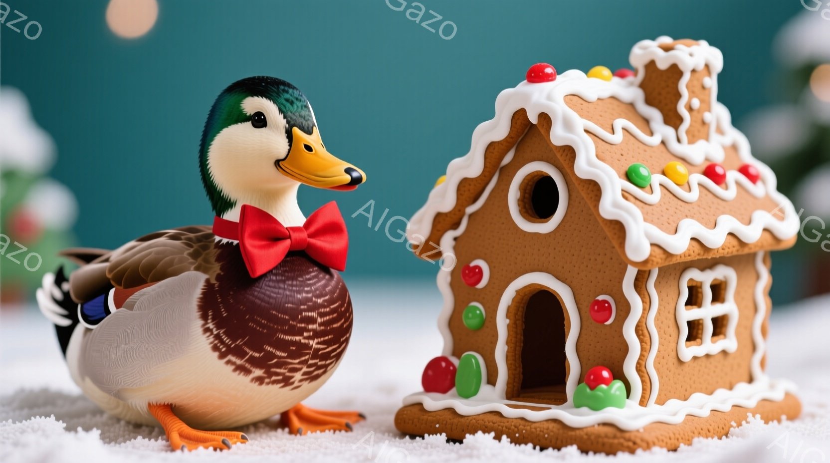 赤い蝶ネクタイをつけたアヒルが、雪の上に立って、ジンジャーブレッドハウスの隣に立っています。アヒルは左を向き、少し首を傾けて、穏やかな表情をしています。背景は緑色で、ぼやけた白い物体が見え、冬の雰囲気 - AI生成フリー素材