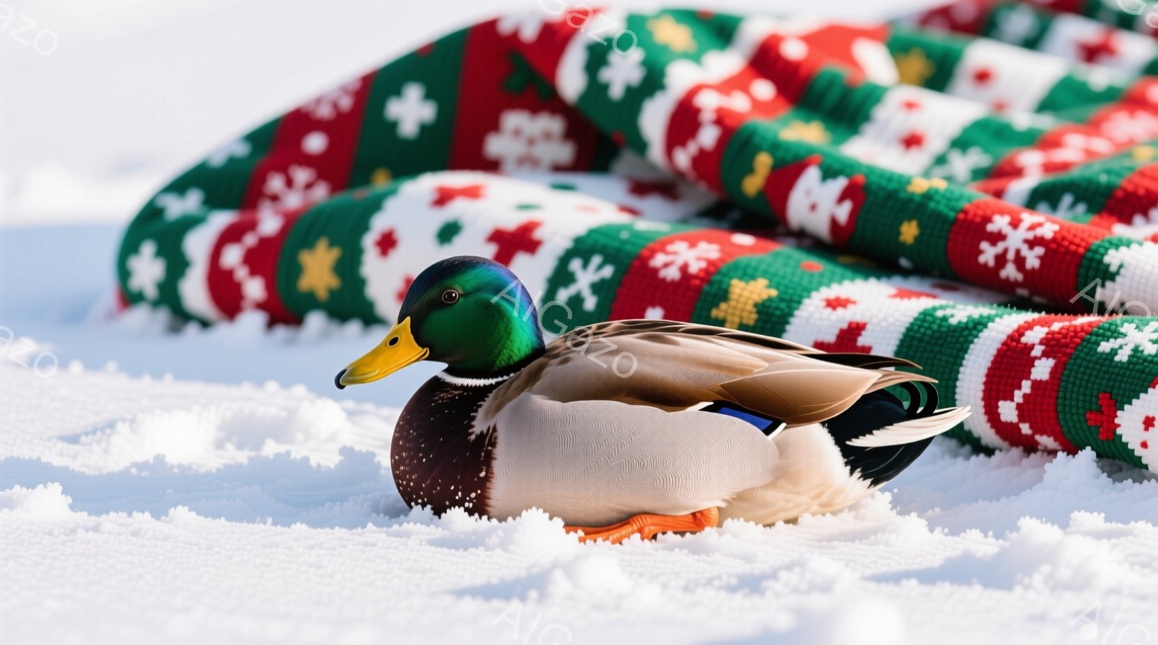 雄のマガモが雪の上に座っており、鮮やかなクリスマス柄のニットが背景にあります。マガモは落ち着いた様子で羽を休ませ、オレンジと白の羽毛が特徴的です。雪景色とカラフルなニットが、冬の温かく穏やかな雰囲気を醸し出しています。