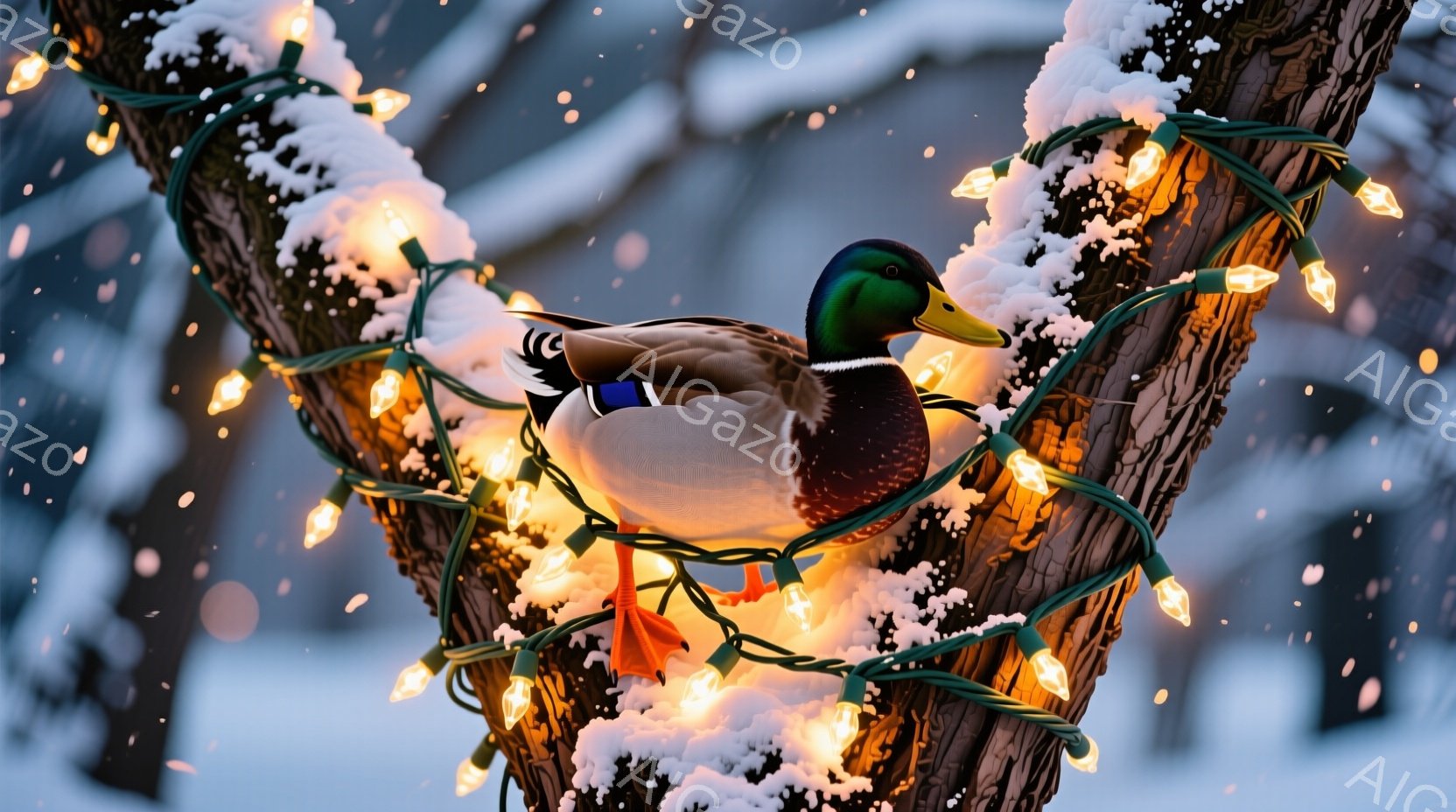 鮮やかな緑色の頭部を持つ雄のアヒルが、雪に覆われた木の枝に巻き付けられた電飾の中に座っています。アヒルは落ち着いた様子で、羽を軽く広げ、冬の景色の中で暖かな光に包まれています。背景は白く一面の雪景色で - AI生成フリー素材