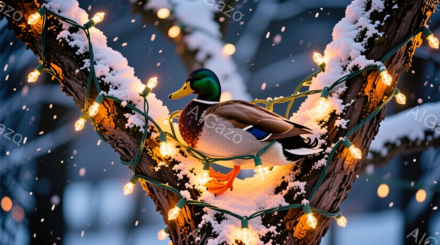 雪化粧された木の枝に巻き付いた電飾の中に、一羽のアヒルがとまっており、鮮やかなオレンジ色の足が際立っています。アヒルはリラックスした姿勢で、穏やかな表情で、冬の静寂と温かい光が共存する様子が描かれてい - AI生成フリー素材