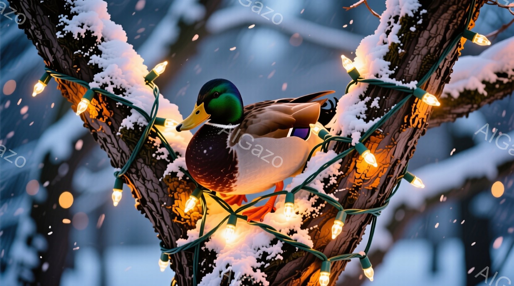 深緑色の背景に、クリスマスのイルミネーションライトに囲まれた雄のマガモがとまっています。オレンジ色の足がライトに触れており、緑と茶色の羽毛は雪景色の中で際立っています。背景は雪が舞う冬の木々で、暖かく幻想的な雰囲気を醸し出しています。
