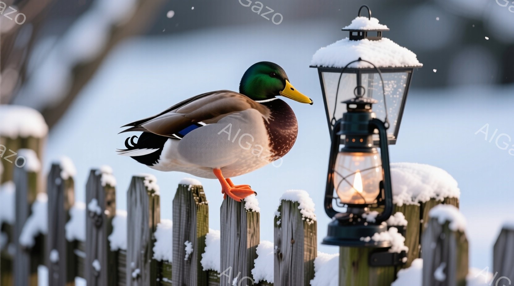 雪が積もった木の柵の上に、雄のアヒルが立っている。鮮やかなオレンジ色の脚と緑色の頭部が特徴的で、冬の景色の中で際立っている。背景には雪景色が広がり、柵の上には灯りがともったランタンが置かれ、静かで穏やかな冬の雰囲気を醸し出している。