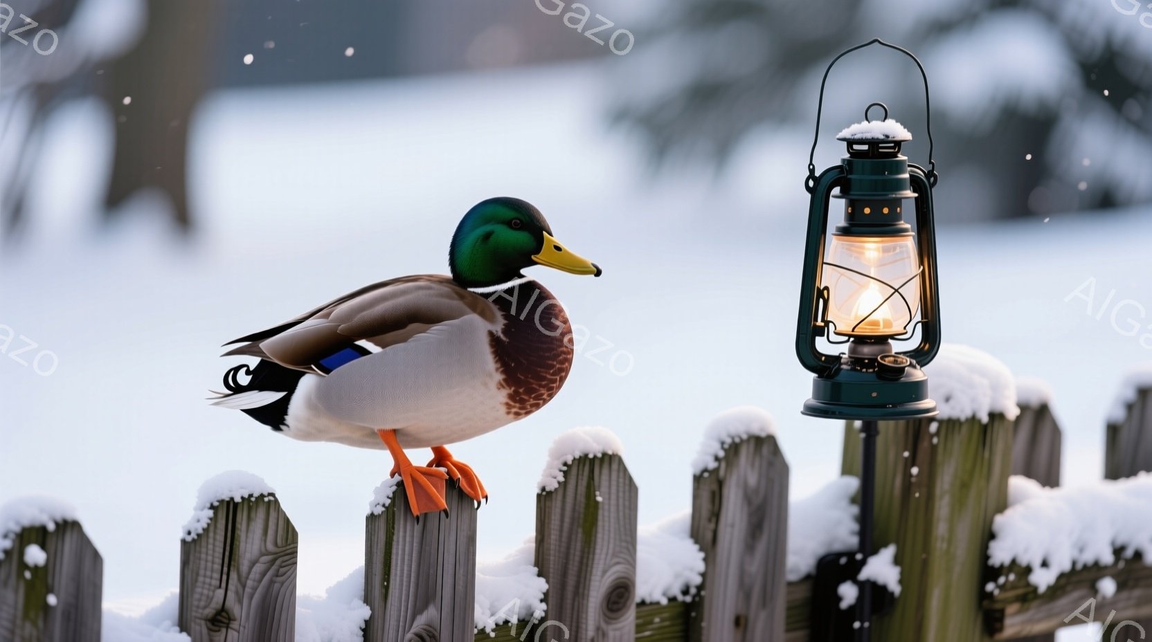 アヒルが雪の積もった木の柵の上に立っており、オレンジ色の足が目立っている。背景は白く、雪景色が広がり、少し離れたところに、点灯した緑色の古いランタンが吊り下げられている。全体的に、静かで冬の穏やかな雰 - AI生成フリー素材