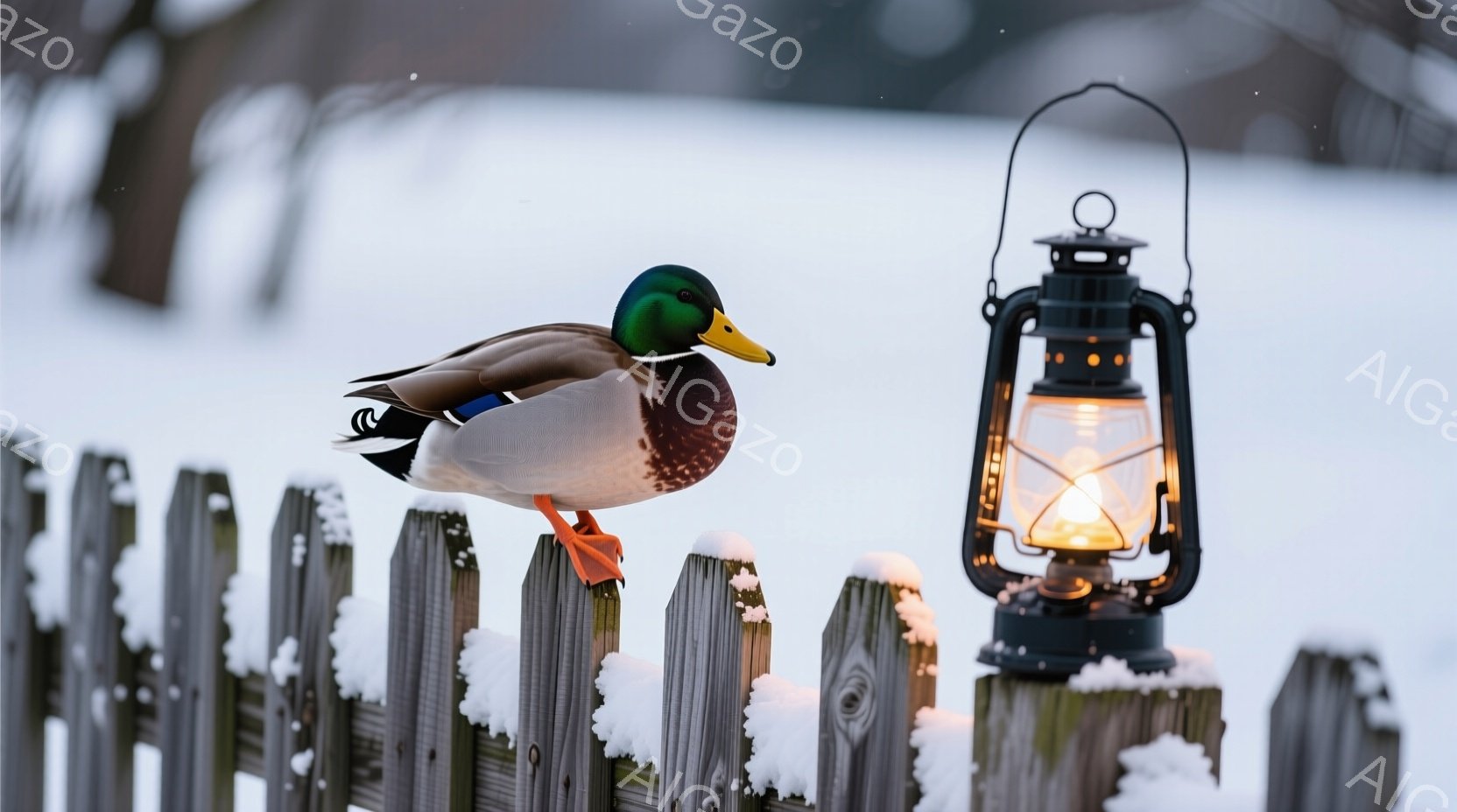 白い雪景色の中に、フェンスの上に一羽の雄アヒルが立っている。アヒルの鮮やかな緑色の頭とオレンジ色のくちばしが、雪景色の中で際立っている。隣には、暖かく光る古いランタンが置かれ、静かで冬の雰囲気を醸し出 - AI生成フリー素材