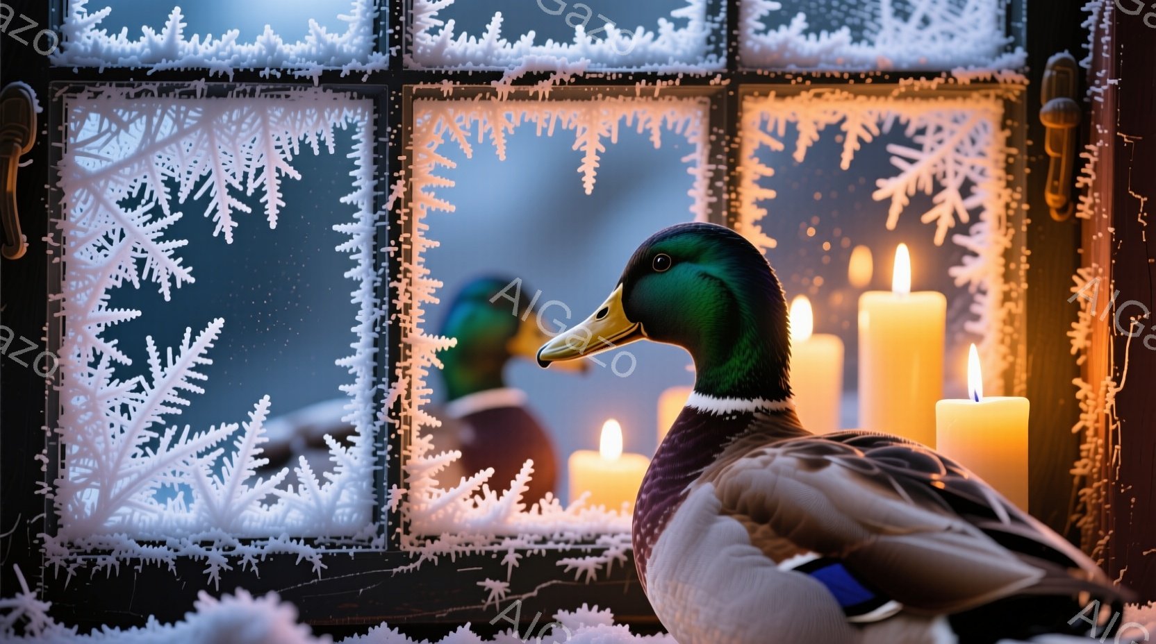 窓枠に霜が降り積もり、その奥にはロウソクが灯っています。中央には雄のマガモが寄り添うように佇み、鮮やかな緑色の頭と青い羽が目を引きます。暖かな光と冷たい霜のコントラストが、静かで幻想的な冬の雰囲気を醸 - AI生成フリー素材