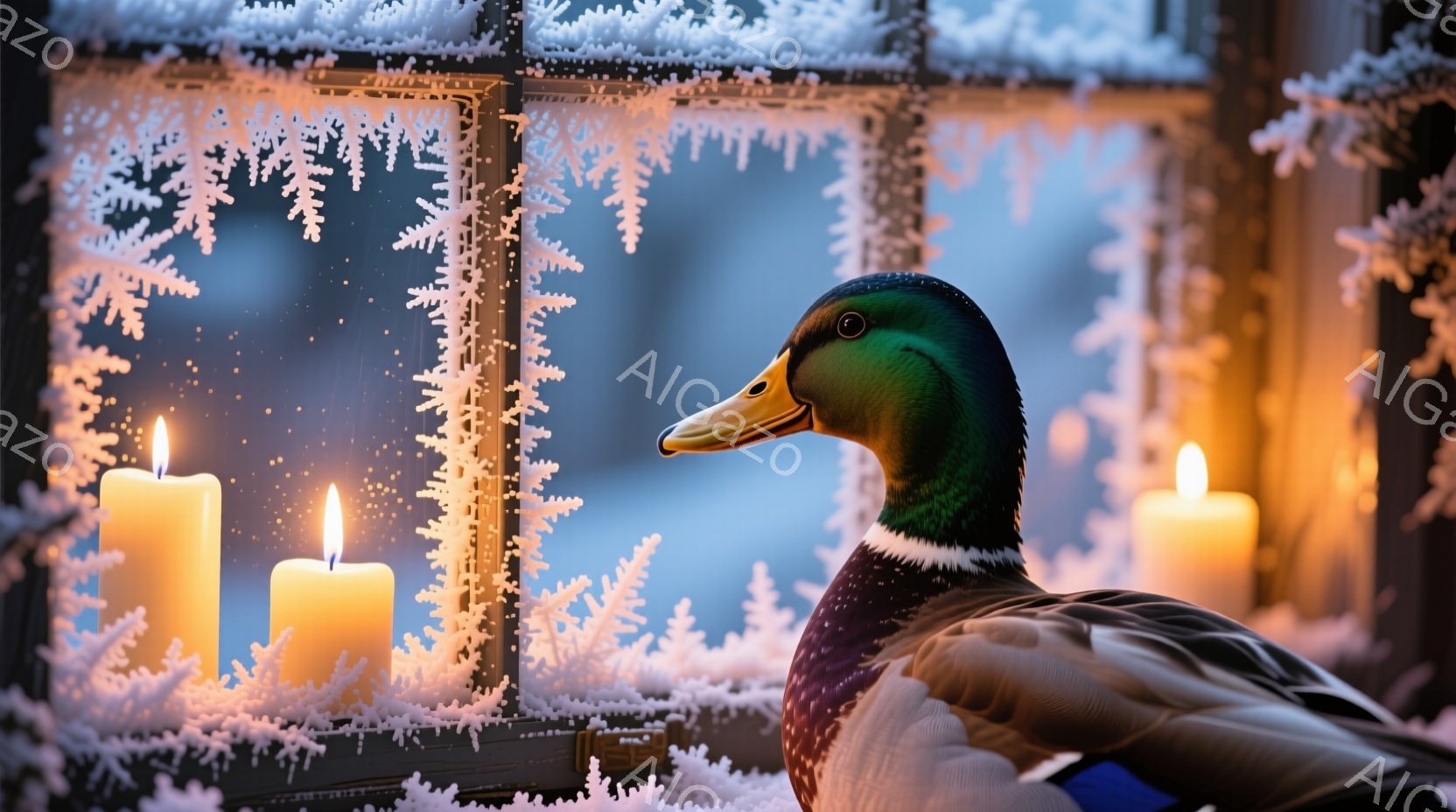 凍り付いた窓枠にアヒルの顔が映えています。窓の内側には点灯したロウソクが2本あり、暖かく柔らかな光を放っています。背景は雪景色で、寒い冬の夜の静かで幻想的な雰囲気を醸し出しています。 - AI生成フリー素材