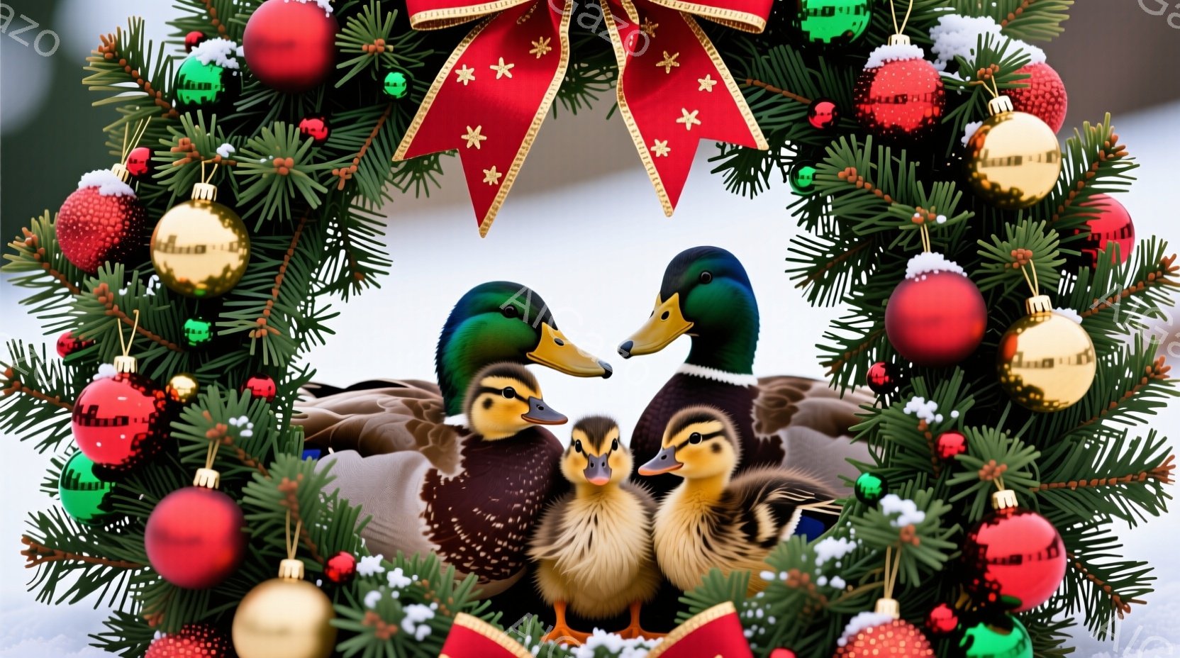クリスマスリースの中に、親鴨と2羽の子鴨が寄り添って座っています。リースは緑の葉と赤いオーナメント、金色のボールで飾られ、上には赤いリボンが付いています。全体的に温かく、家族愛を感じさせる、冬の穏やかな雰囲気が漂っています。