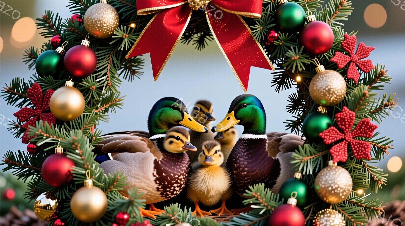 クリスマスリースの中に、アヒルの一家が寄り添って描かれています。親アヒルは子アヒルたちを優しく守るように抱きしめ、暖かく愛情に満ちた様子が伝わってきます。背景には、赤、金、緑のオーナメントで飾られたクリスマスリースがあり、冬の穏やかで幸せな雰囲気を醸し出しています。