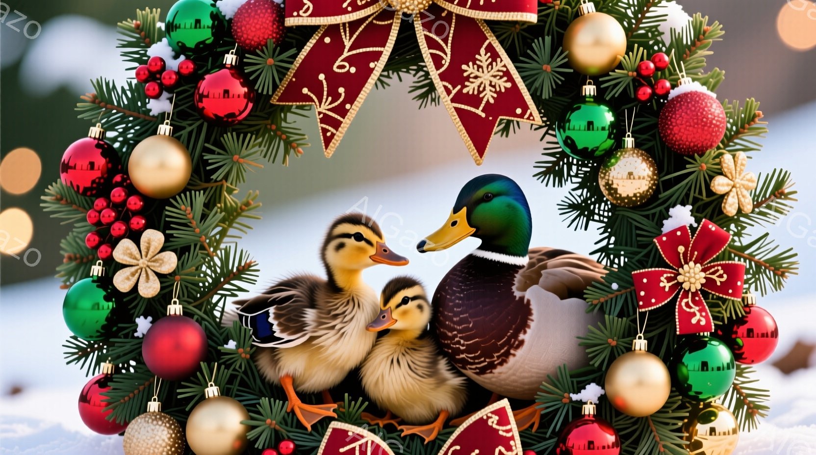 クリスマスリースの中に、親鴨と子鴨が寄り添って描かれています。リースは緑色の葉と赤い実、様々な色のオーナメントで飾られ、雪景色が背景に広がっています。全体的に温かく、穏やかなクリスマスの雰囲気が漂って - AI生成フリー素材