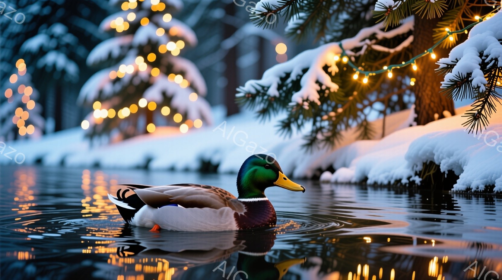 冬の凍てつく水面を雄鴨が悠々と泳いでいる。背景には雪をまとった木々が立ち並び、暖かい光のイルミネーションが幻想的な雰囲気を醸し出している。水面には鴨の鮮やかな色彩と光が反射し、静かで穏やかな冬の情景が広がっている。