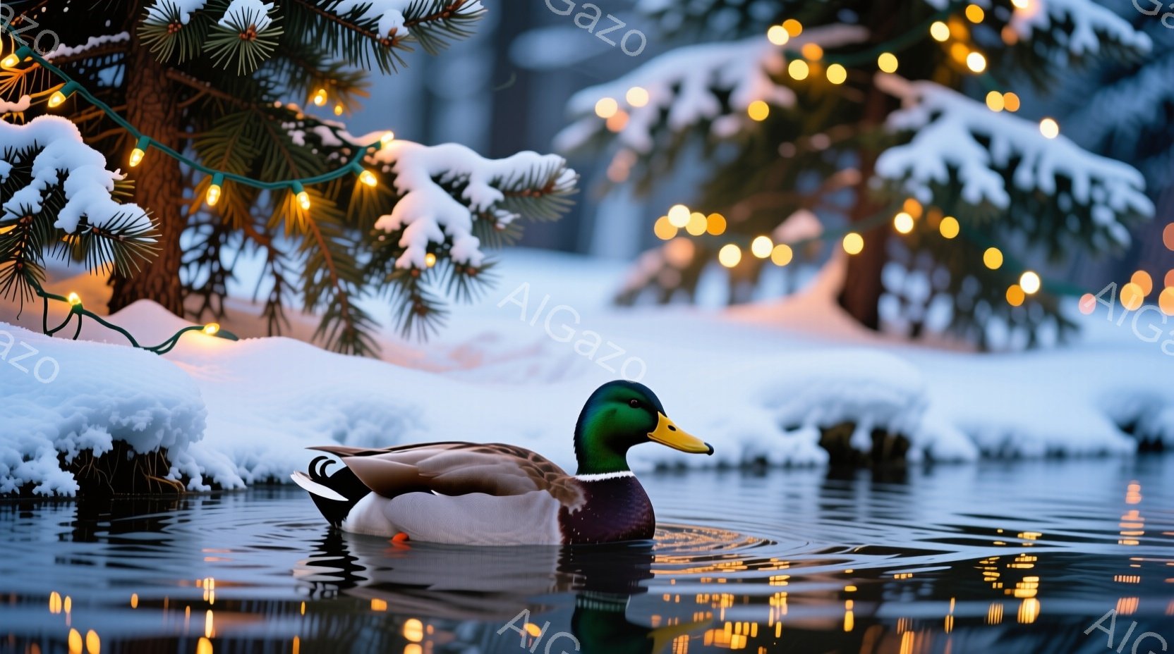 真っ白な雪に覆われた水面に、オスのマガモが優雅に浮かんでいる。背景には雪化粧した木々があり、暖かい光のイルミネーションが幻想的な雰囲気を醸し出している。水面にはイルミネーションの光が反射し、穏やかで静 - AI生成フリー素材