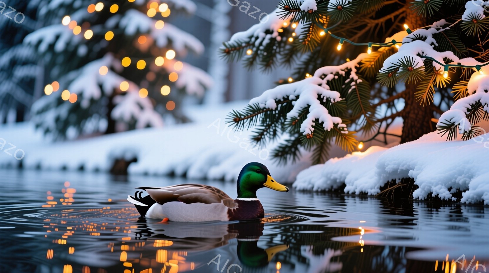 鮮やかな緑色の頭を持つマガモが、水面に浮かび、穏やかに前進している。背景には雪に覆われた木々があり、暖色のイルミネーションが輝き、冬の静寂と温かさを対比させている。水面には光の反射が散りばめられ、幻想 - AI生成フリー素材
