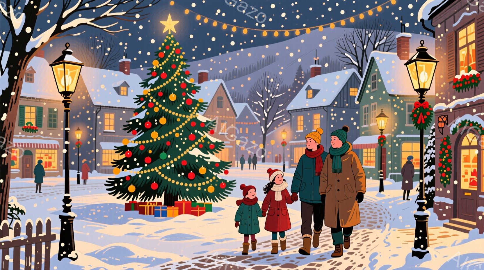 雪が降る街並みで、母親と娘の二人がクリスマスの飾り付けられた大きなクリスマスツリーの前を歩いている。母親はベージュ色のコートと帽子を着用し、娘は赤いコートを着ており、二人とも楽しそうな表情をしている。 - AI生成フリー素材