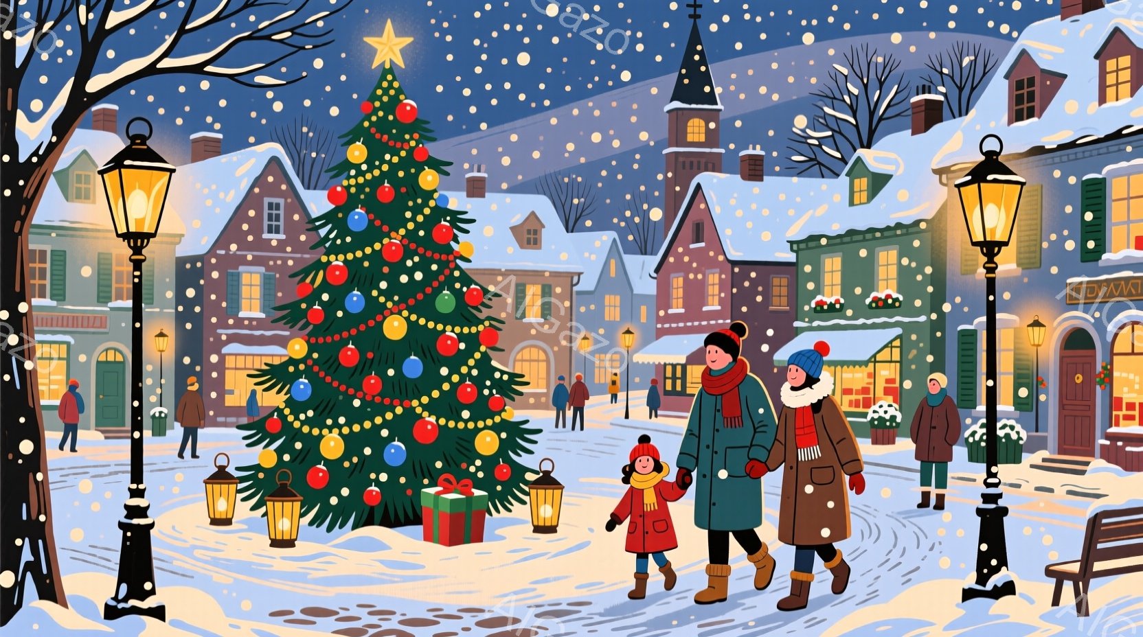 クリスマスシーズンを象徴する賑やかな街並みが描かれている。装飾されたクリスマスツリーを中心に、暖かいコートを着た人々が雪の中を散歩しており、顔には穏やかな表情が浮かんでいる。背景には、雪で覆われた可愛 - AI生成フリー素材