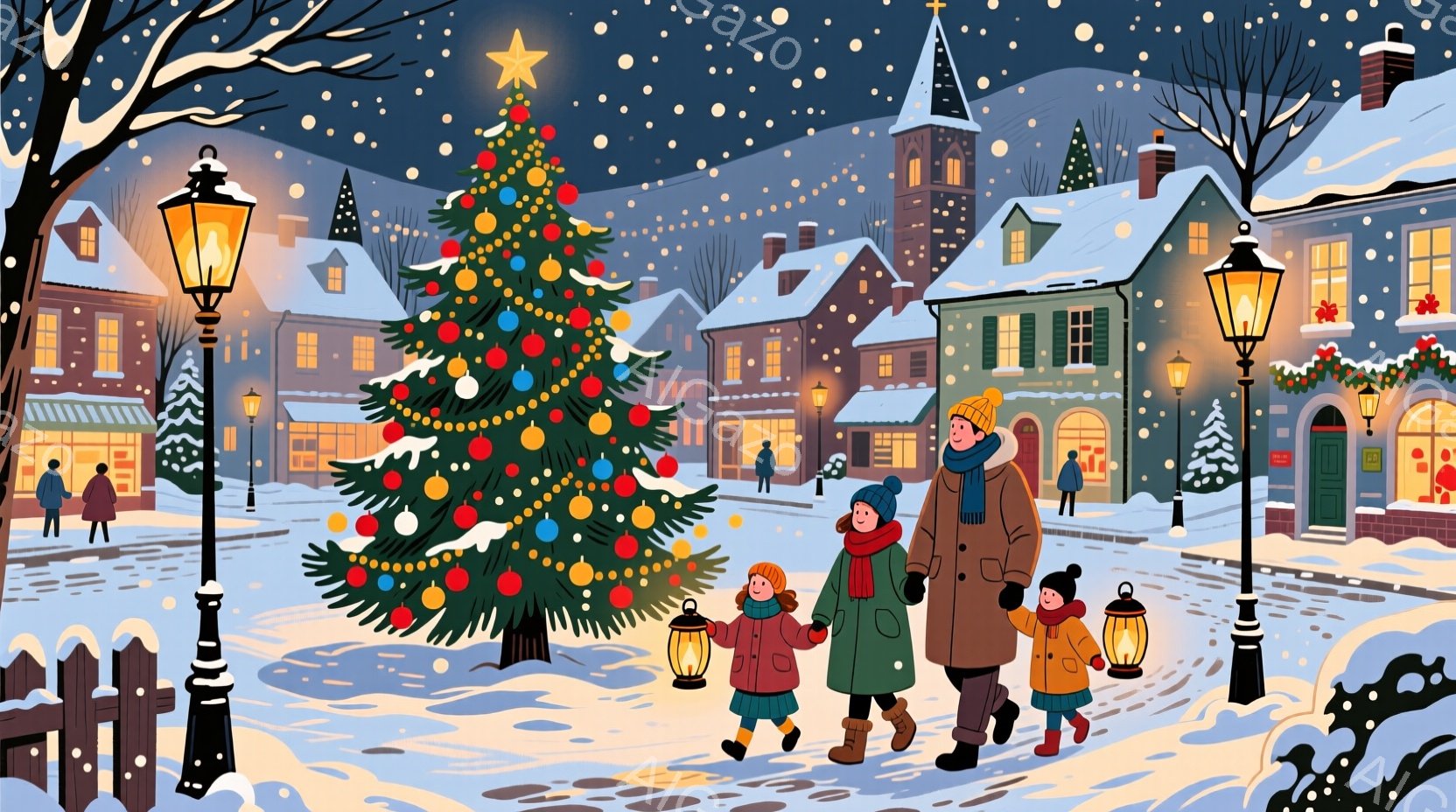 雪が降る夜の街並みで、家族がクリスマスツリーの方へ歩いています。父親はコートを着て、母親と二人の子供たちは冬のコートを着ています。建物はカラフルで、窓から光が漏れており、暖かく、お祝いの雰囲気が漂って - AI生成フリー素材