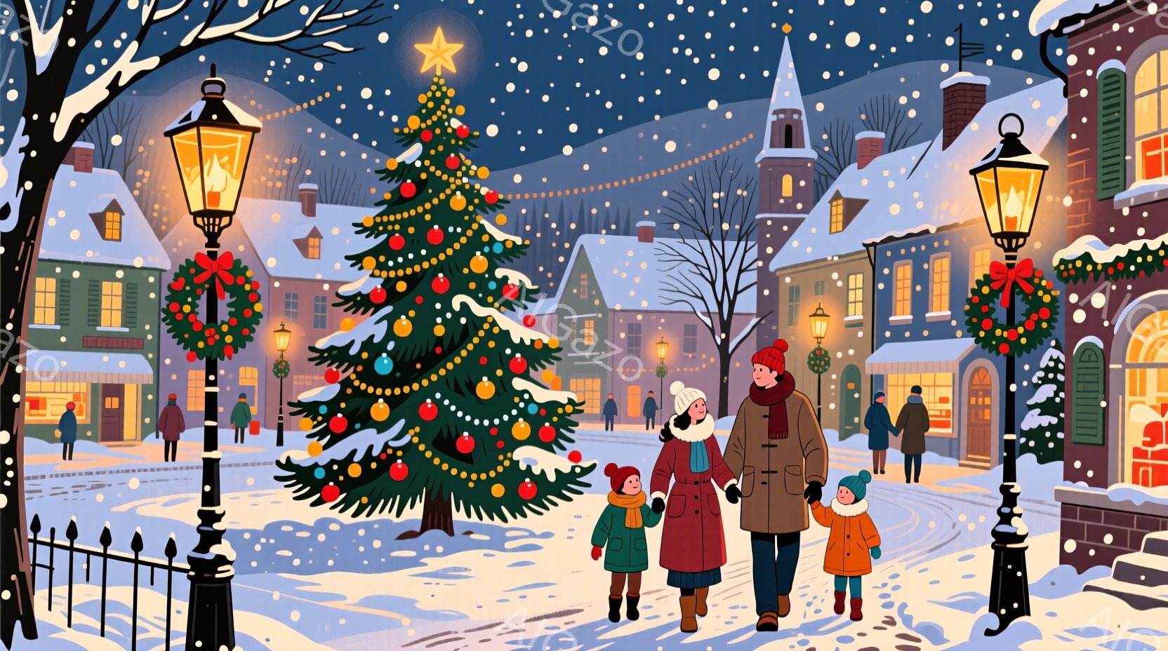 雪が舞う街並みでは、母親と二人の子供がクリスマスツリーの方へ歩いている。母親は茶色のコート、子供たちは鮮やかな色のジャケットを着ており、皆笑顔で暖かく幸せな雰囲気を醸し出している。背景には、クリスマス - AI生成フリー素材