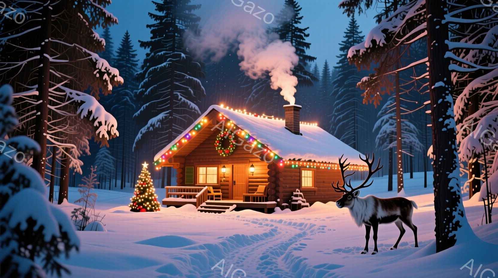 雪深い森の中に、クリスマス装飾が施された丸太小屋が建っている。暖炉から煙が立ち上り、小屋の周りには雪の積もった足跡があり、窓からは温かい光が漏れている。遠くにはトナカイが立ち、静かで穏やかなクリスマス - AI生成フリー素材